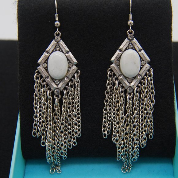 Very Nice Cream Colored Round Stone Encrusted with Dangle Chain Earrings - Picture 1 of 4